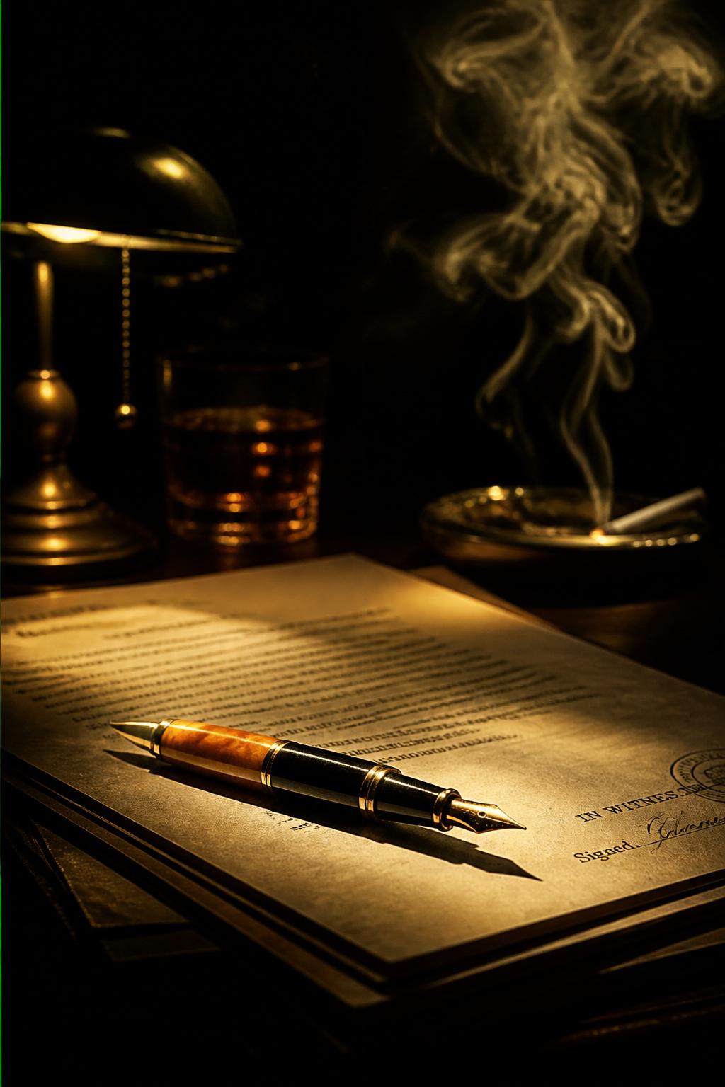 Fountain pen and signed documents in noir lighting