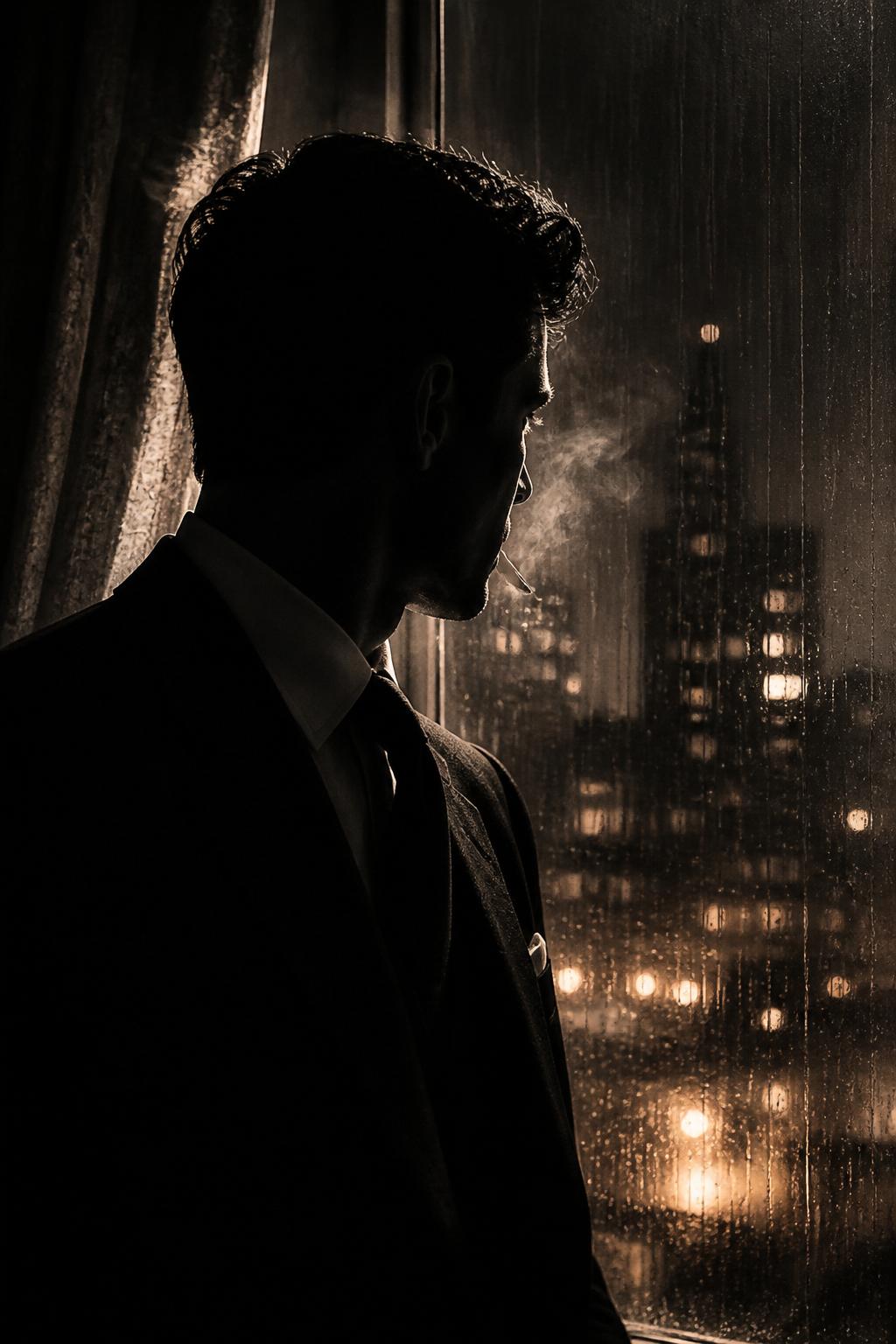 Silhouette portrait of a managing partner at a rain-streaked window